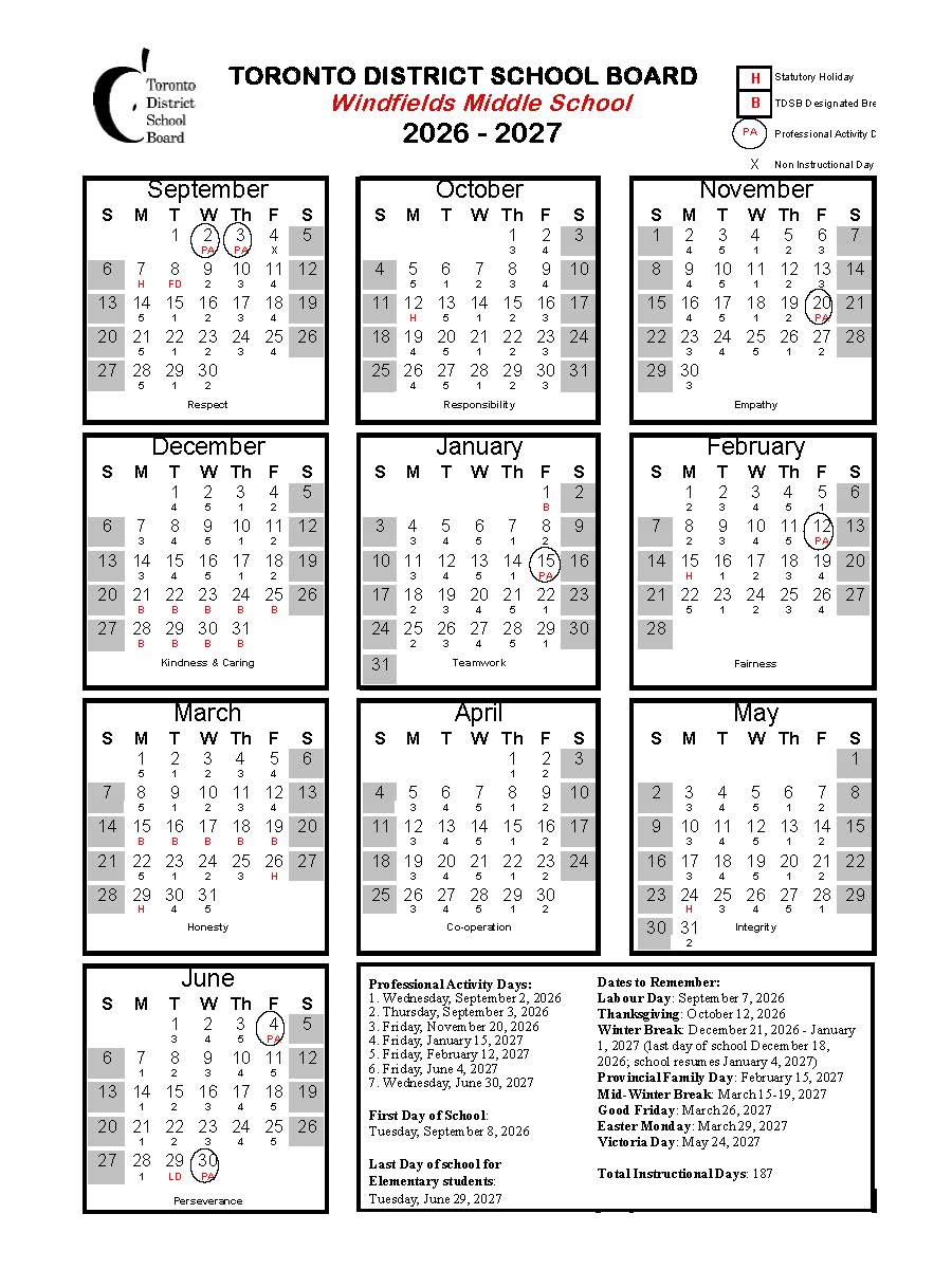 Windfields School Year Calendar - 2026-2027